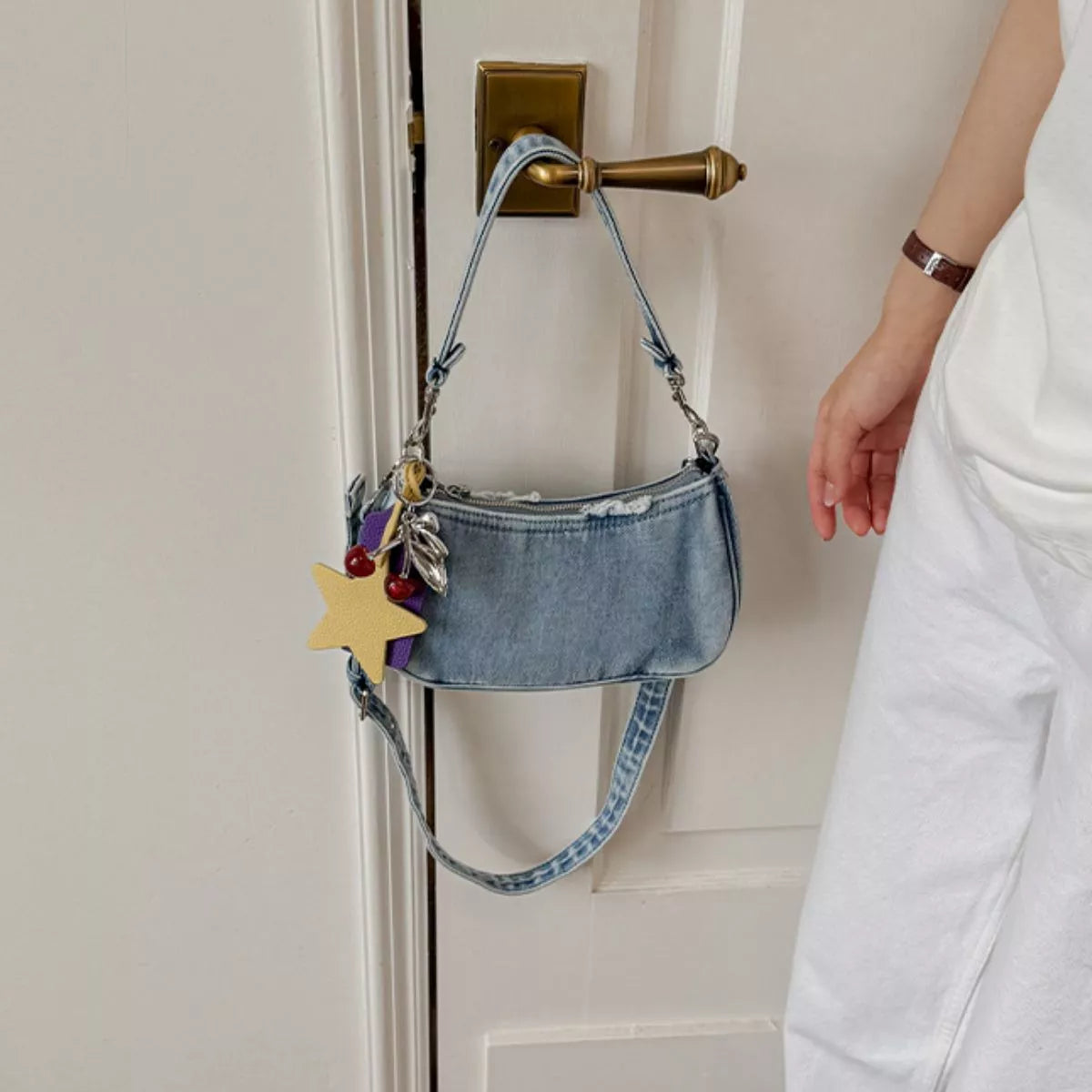 Star Charm Denim Shoulder Bag