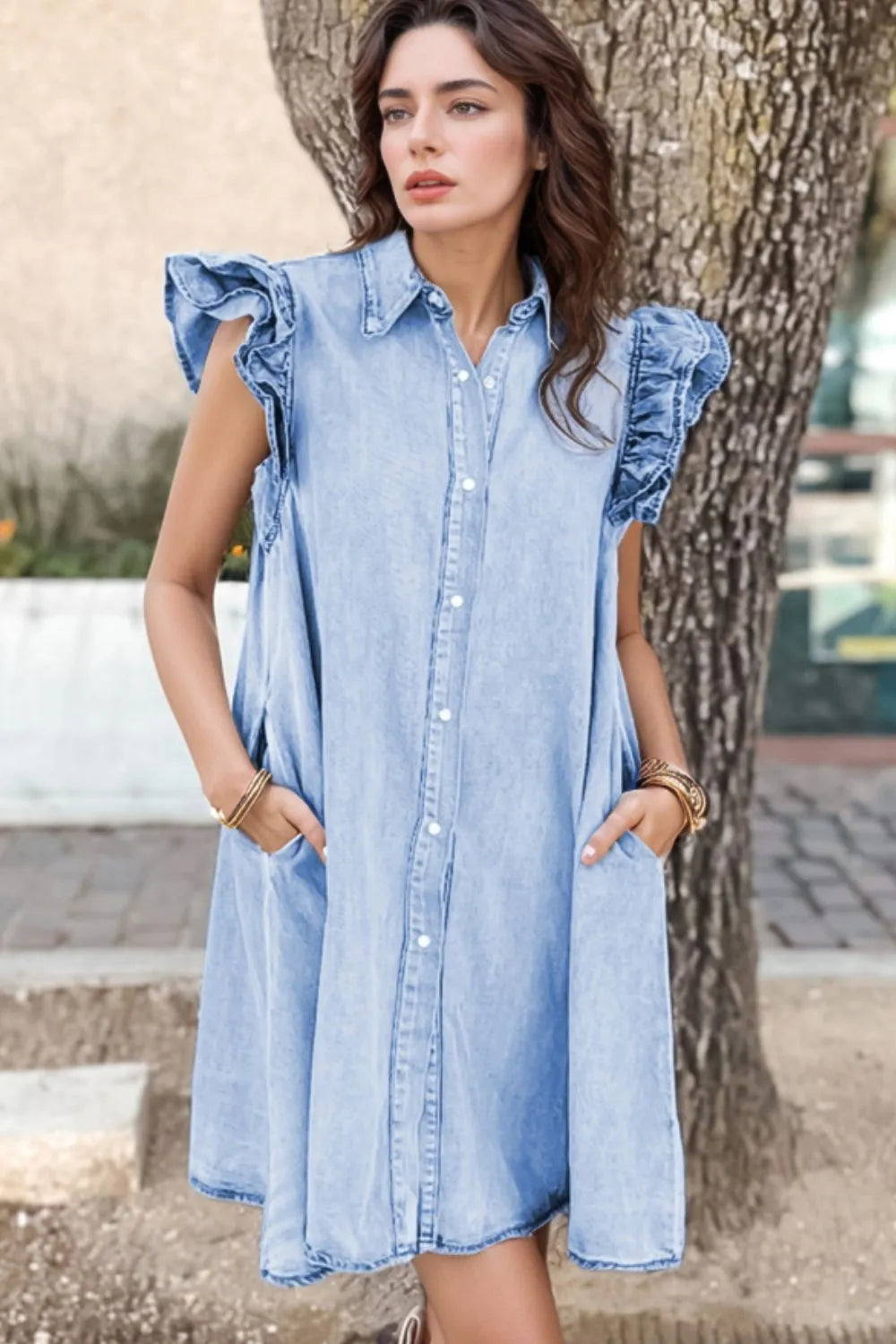 Ruffled Button Front Cap Sleeve Denim Dress