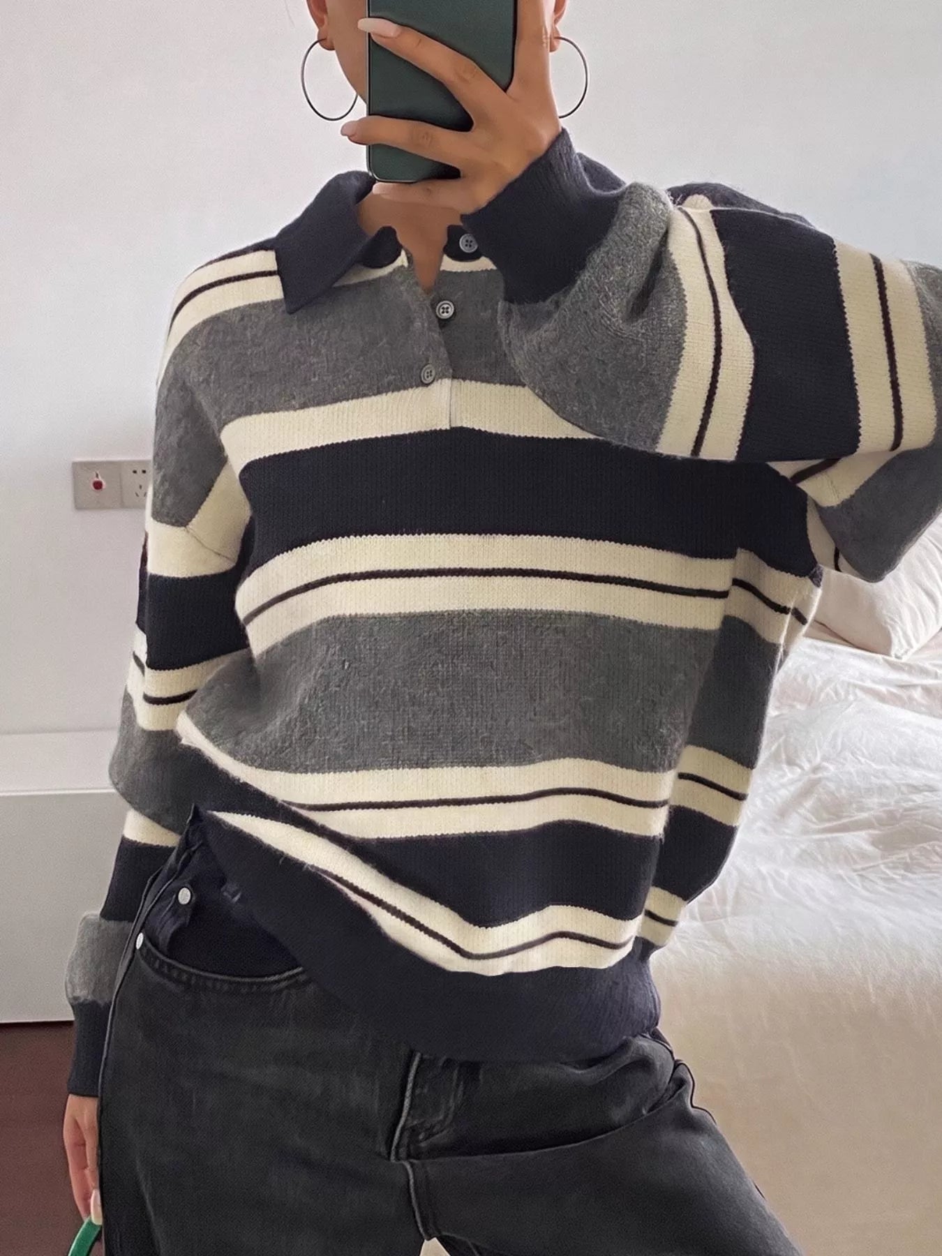Striped Long Sleeve Button Detail Sweater