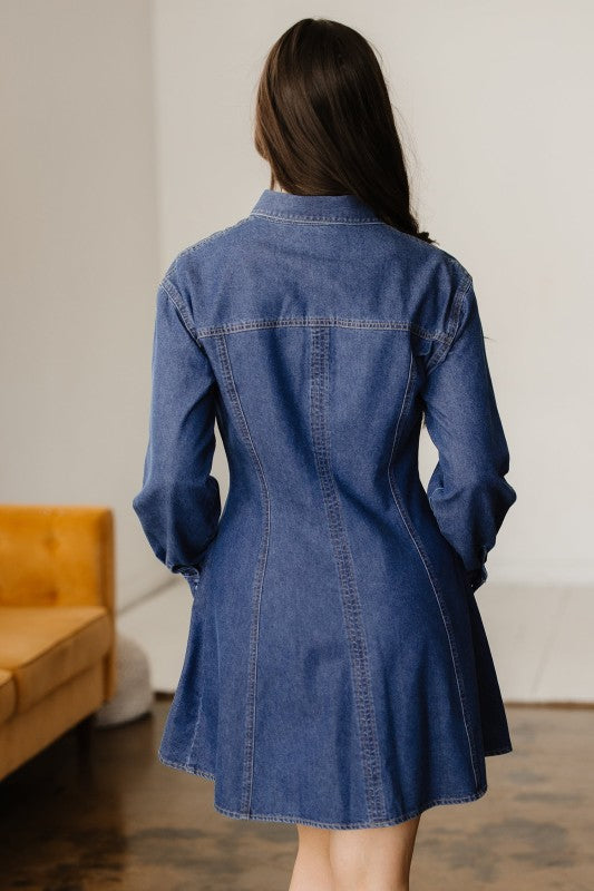Denim Shirt Collar Long Sleeve Mini Dress