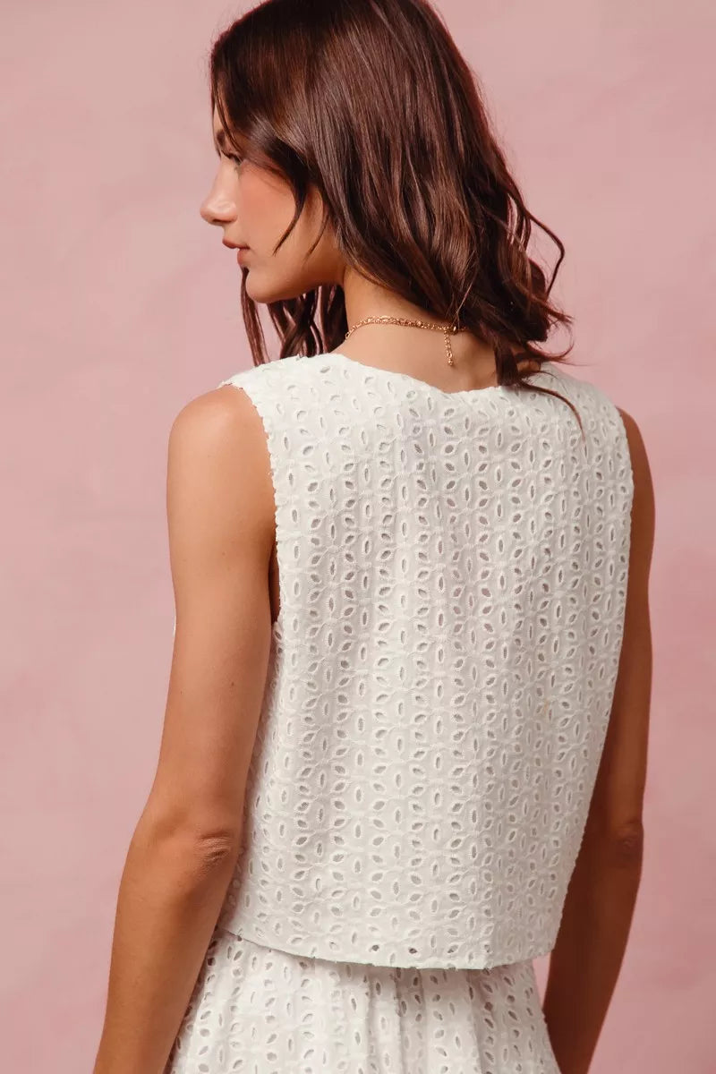SO ME Floral Eyelet Lace Tie Front Vest Top and Tiered Mini Skirt Set