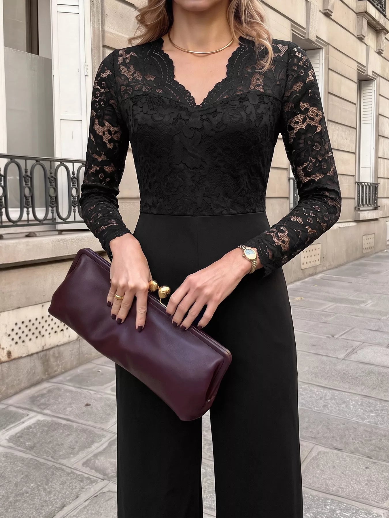 Lace Long Sleeve Wide-Leg Jumpsuit