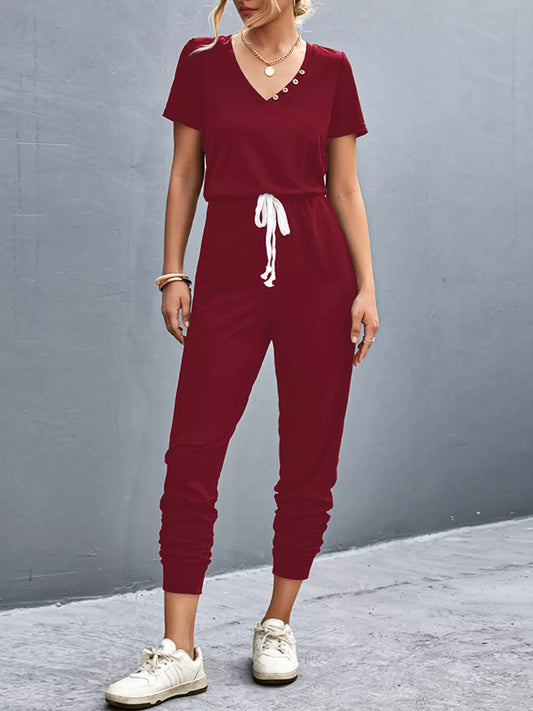 Casual V-Neck Short Sleeve Drawstring Waist Jumpsuit