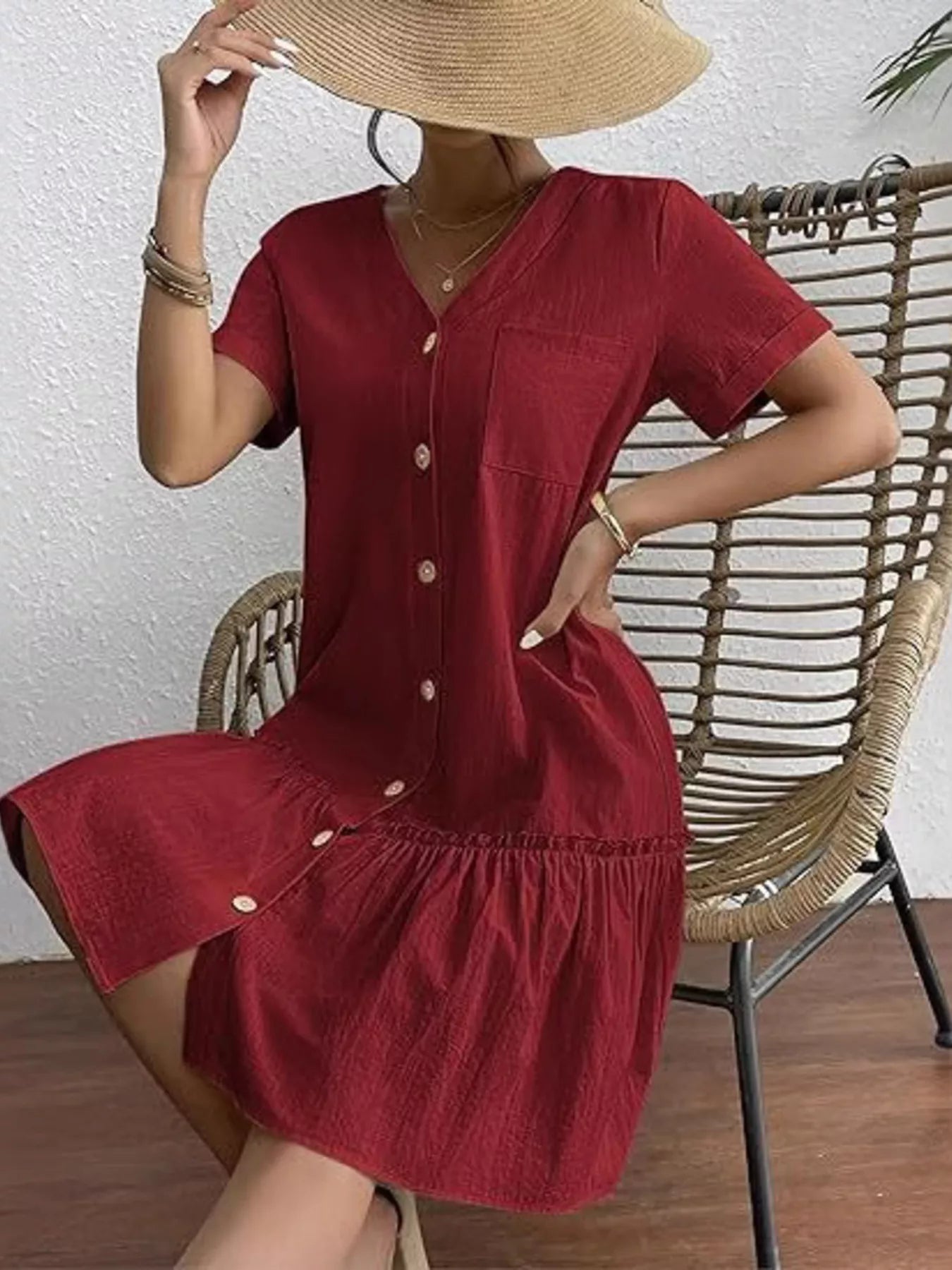 Full Size Button-Down Ruffle Hem Mini Dress Plus Size