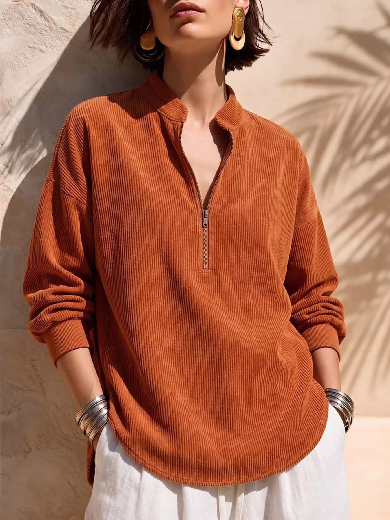 Full Size Ribbed Half-Zip Corduroy Sweatshirt Plus Size
