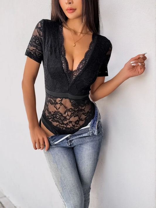 Lace Plunge Short Sleeve Bodysuit
