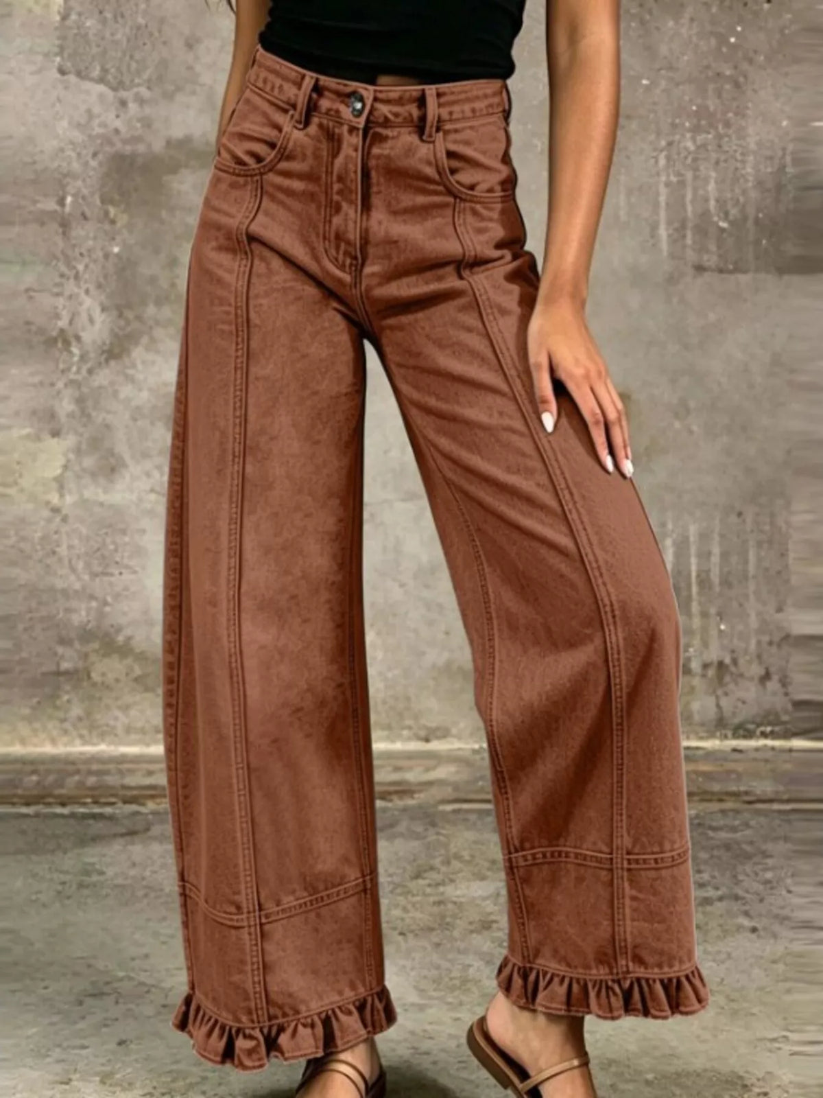 Full Size High-Waisted Wide-Leg Ruffle Hem Jeans Plus Size