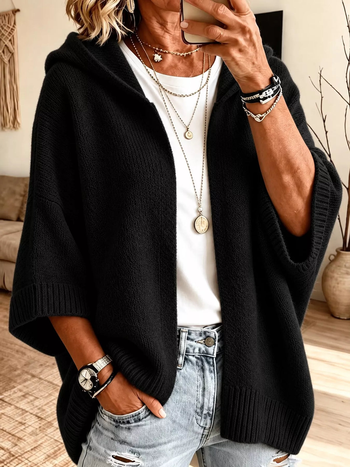 Full Size Hooded Open-Front Knit Cardigan Plus Size