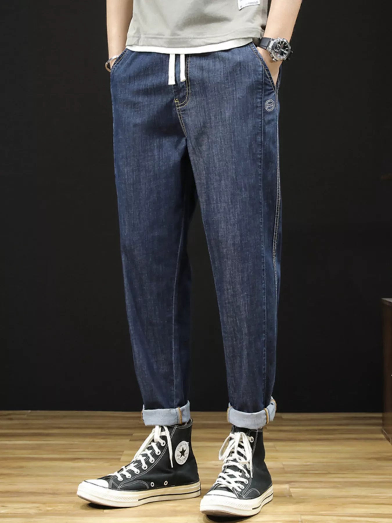 Men's Plus Size Drawstring Straight Leg Jeans