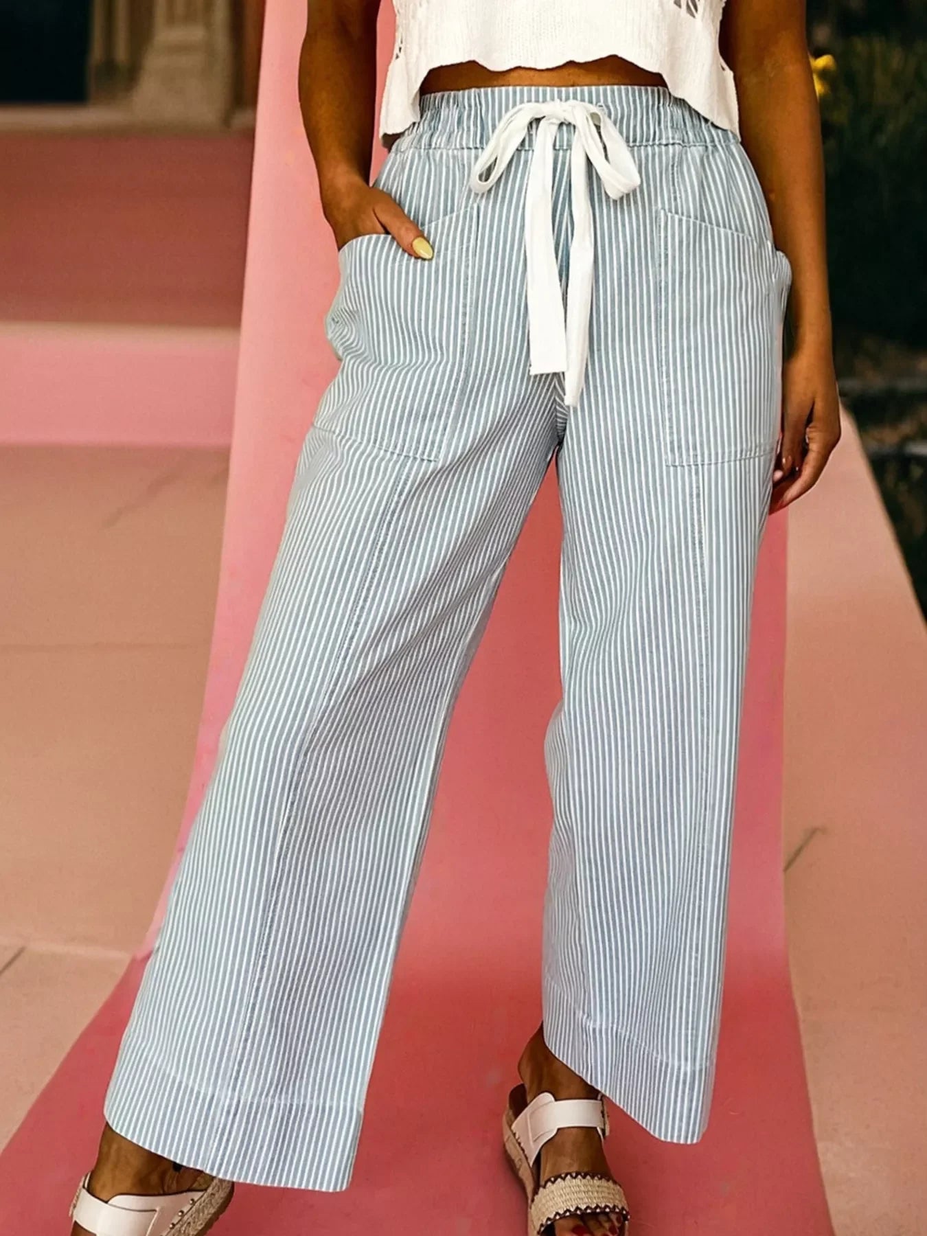 Stripe Mid Rise Drawstring Waist Jeans