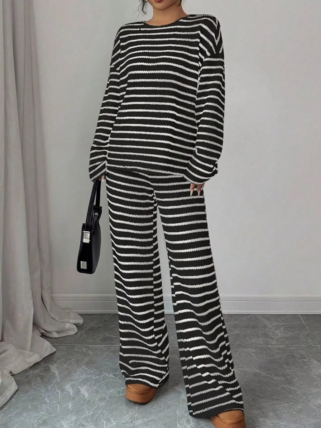 Striped Knit Dropped Shoulder Top and Pants Set