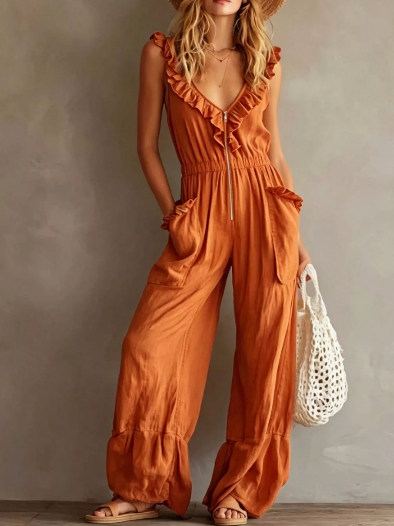 Ruffled V-Neck Wide Leg Jumpsuit