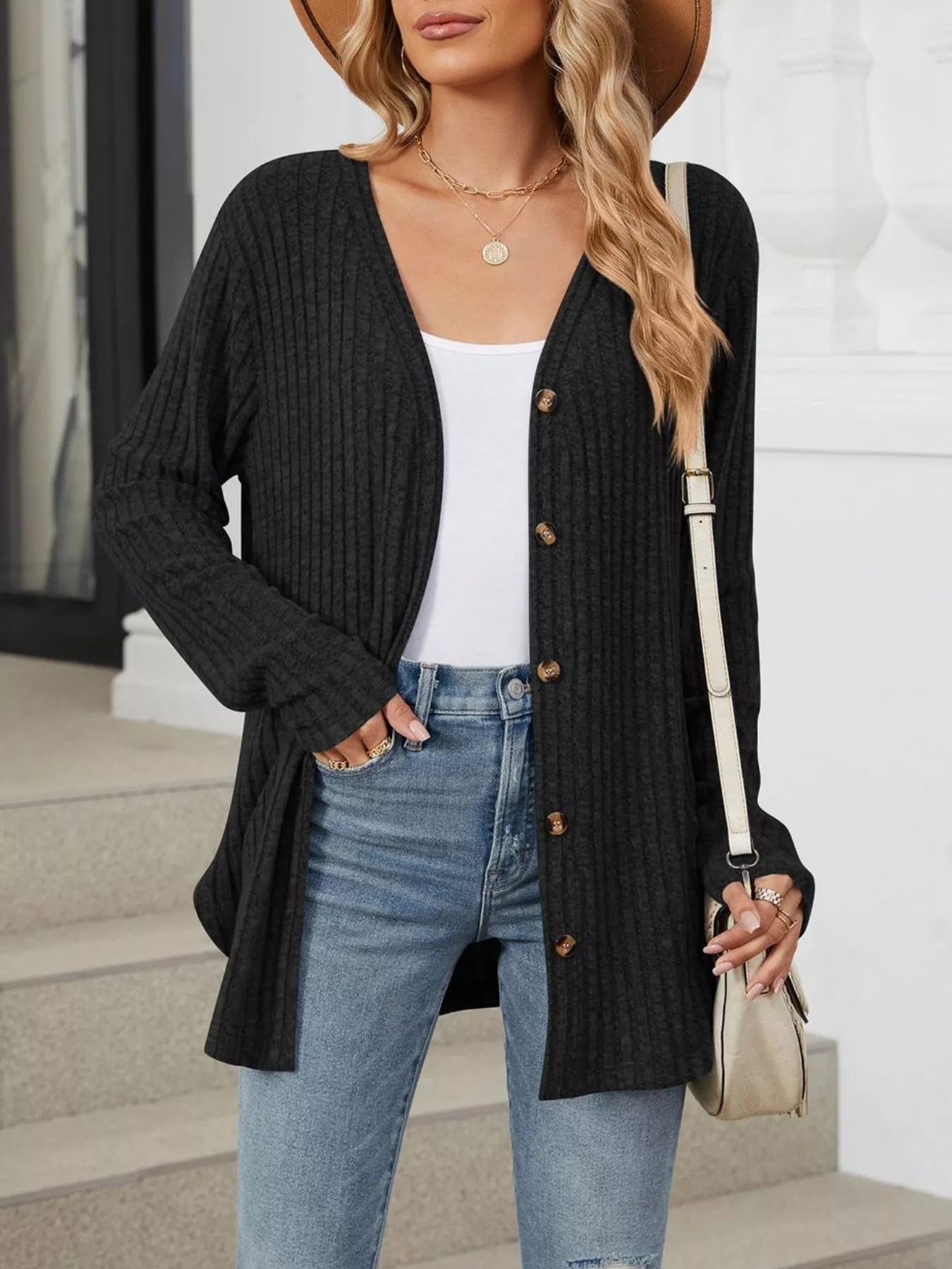 Ribbed Button-Up Cardigan