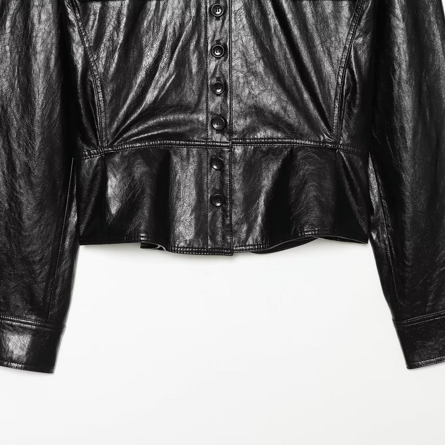 Crinkle Faux Leather Shirt Jacket with Peplum Hem