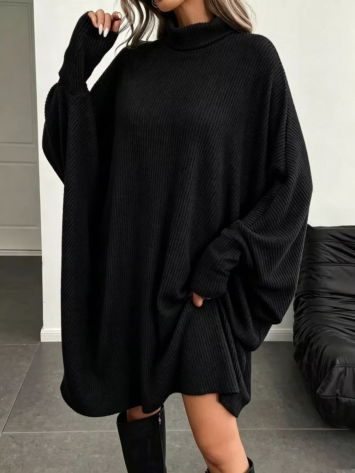 Oversized Batwing Sleeve Ribbed Knit Turtleneck Dress