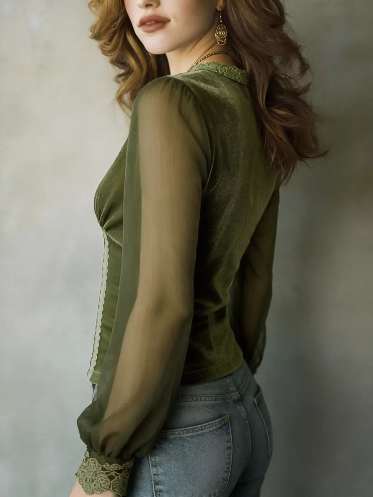 Lace Trim Sheer Long Sleeve Blouse