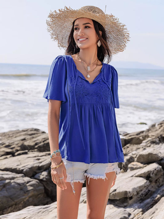 Lace Detail Tie Neck Short Sleeve Top