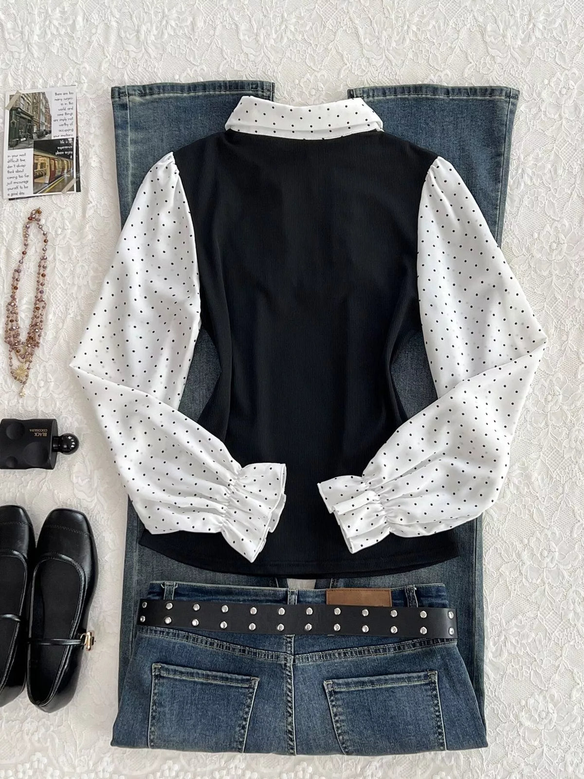 Polka Dot Flounce Sleeve Layered Look Blouse