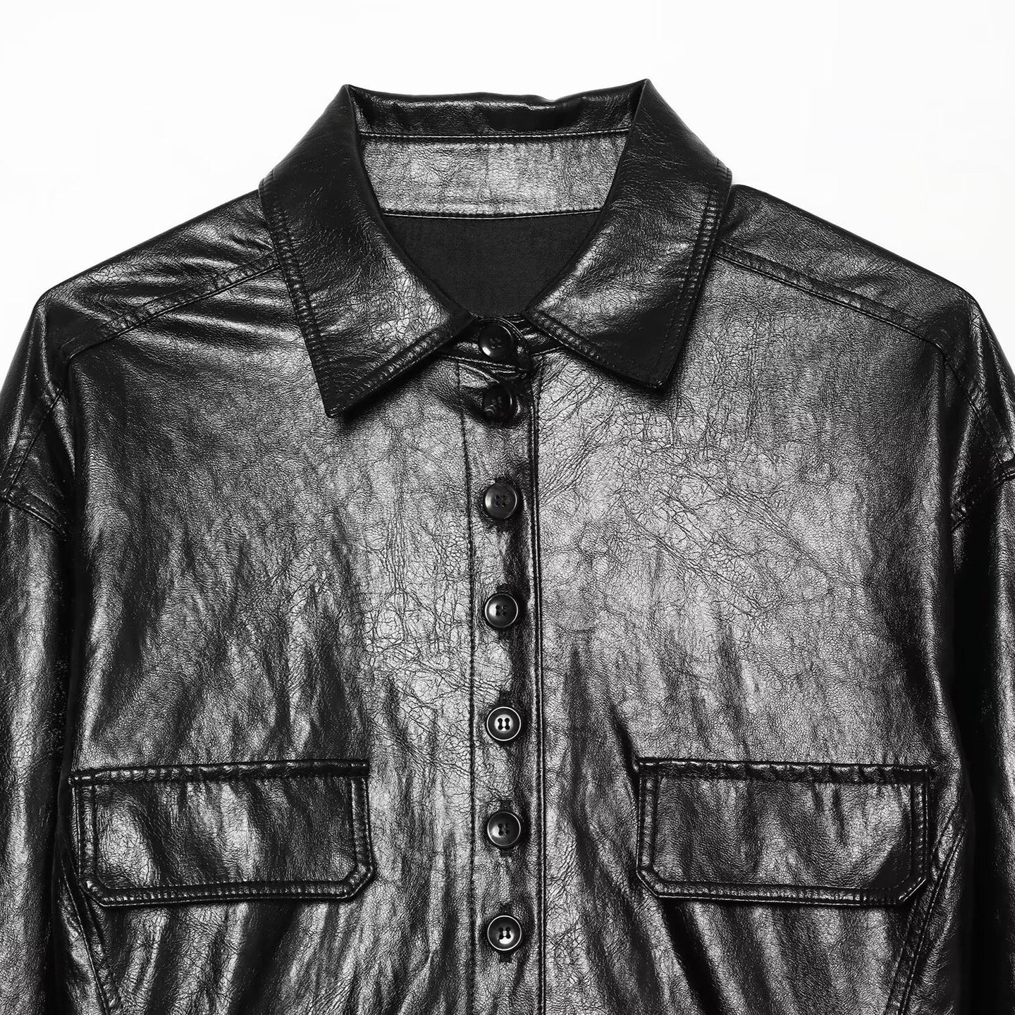 Crinkle Faux Leather Shirt Jacket with Peplum Hem