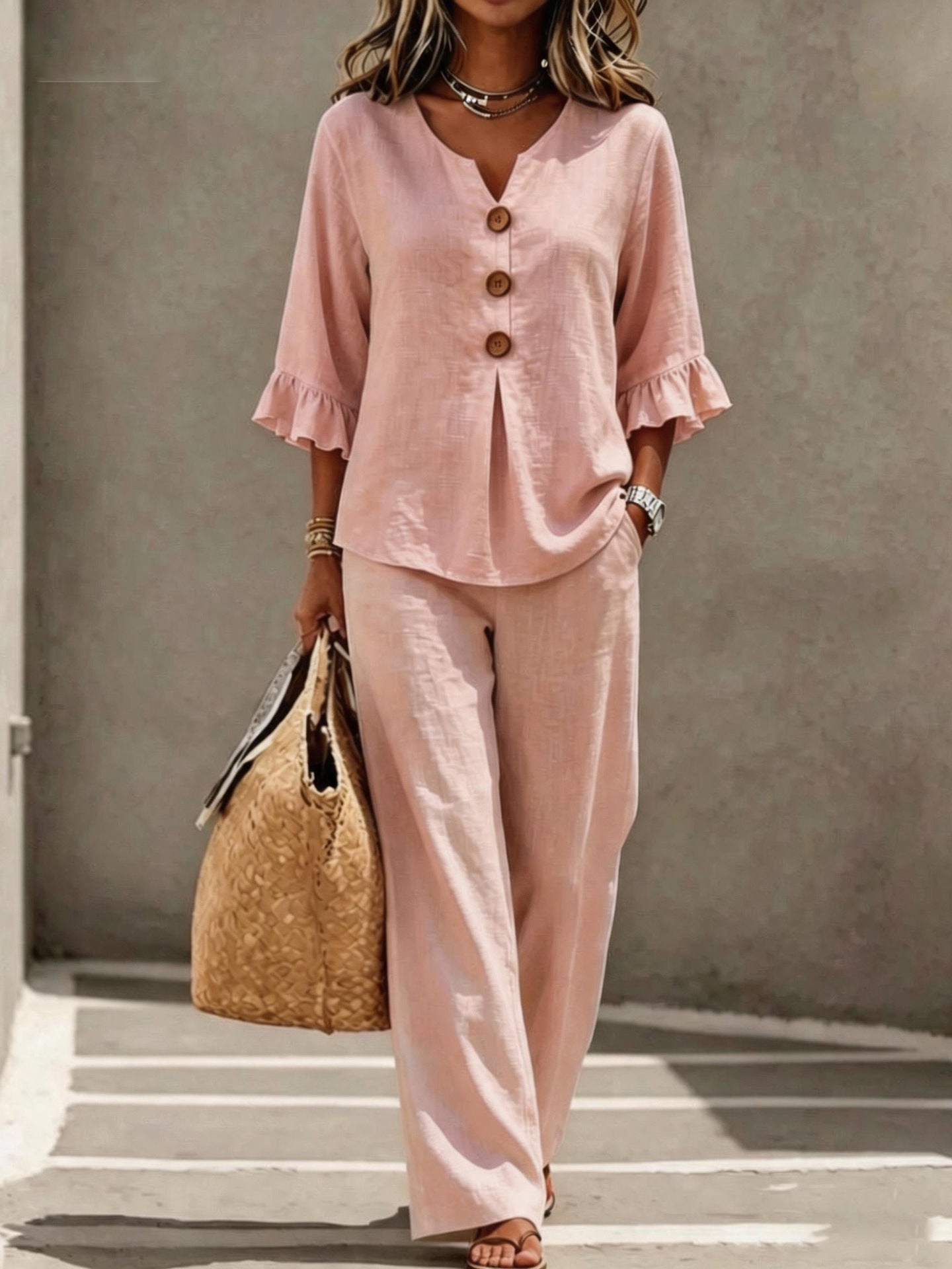 Women's Ruffle V-Neck Two-Piece Set – Button-Down Top & Pants