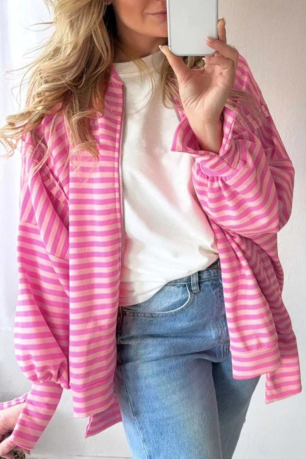 Stripe Striped Zip-up Open Front Loose Fit Regular Length Hoodie