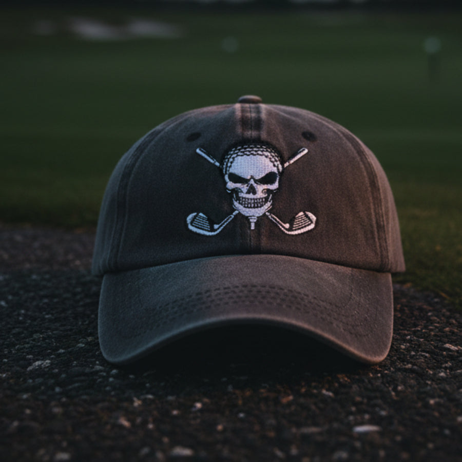 Halloween Golf Skull Embroidered Baseball Cap – Vintage Washed Distressed Hat