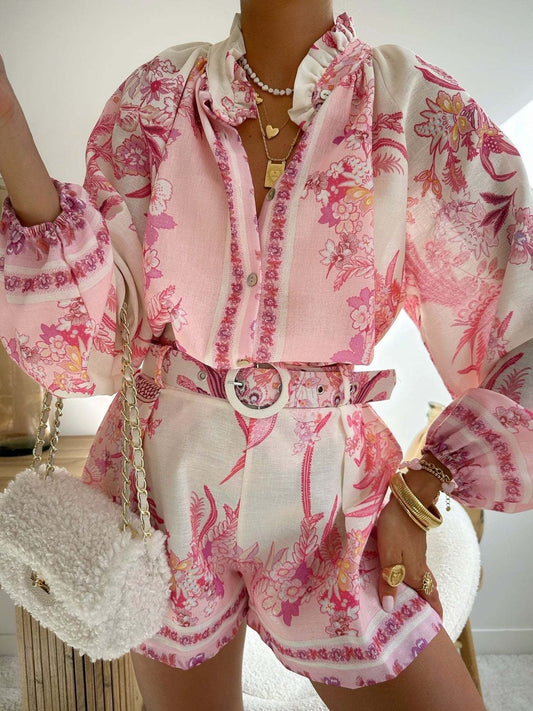 Floral Print Button Up Shirt and Shorts Set