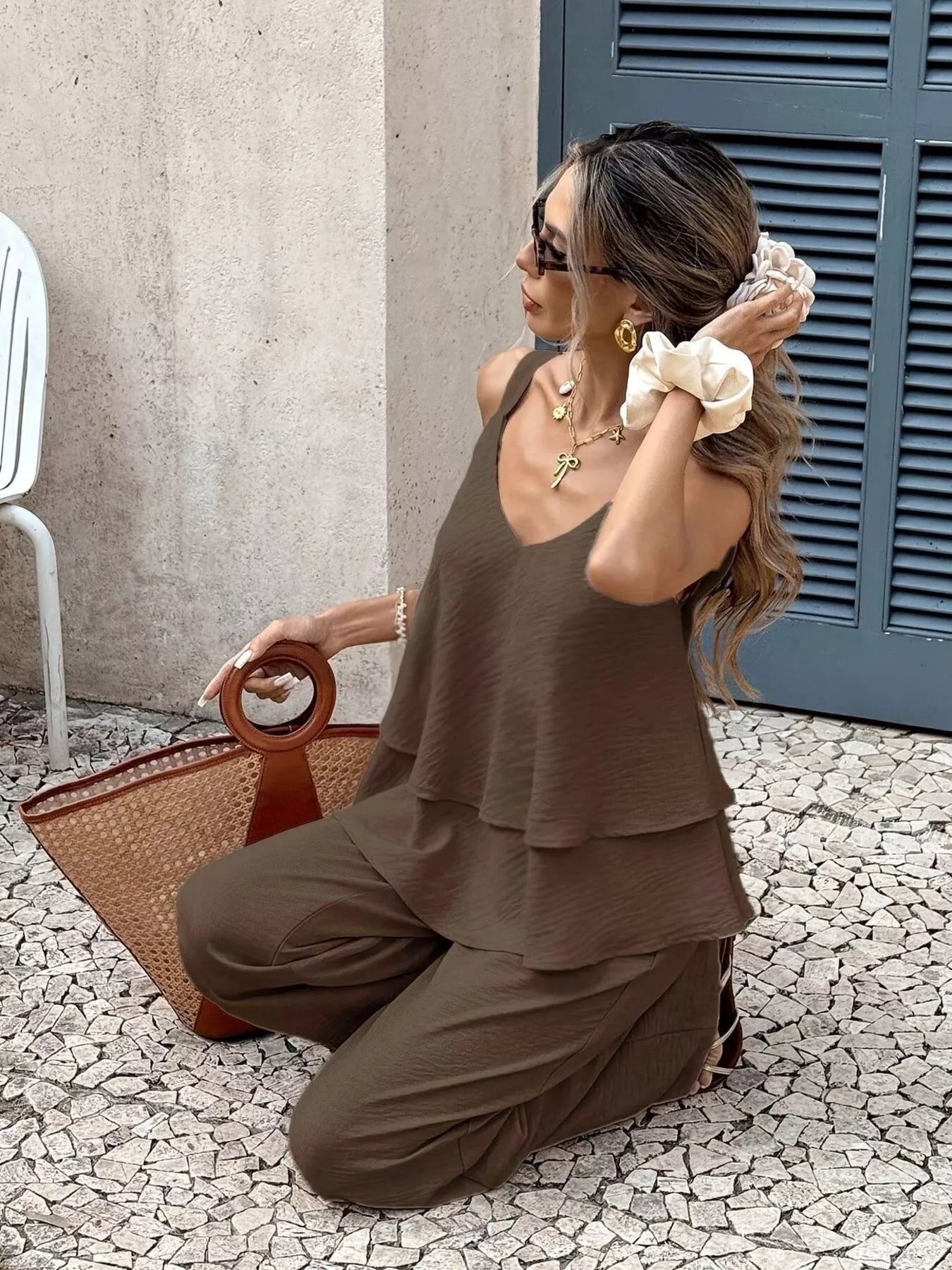 V-Neck Top and Wide-Leg Pants Set