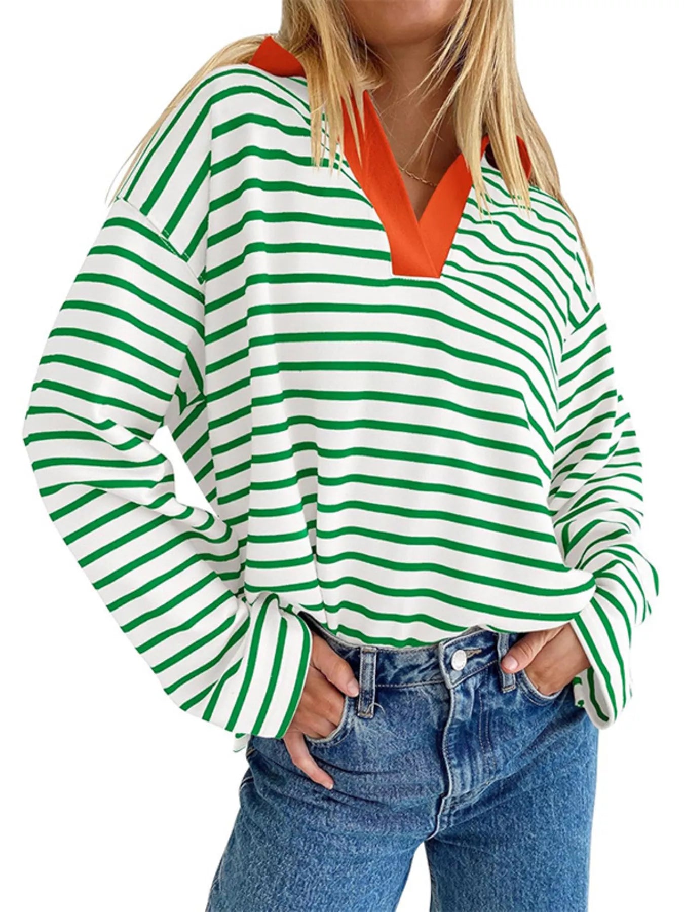 Oversized Striped Johnny Collar T-Shirt