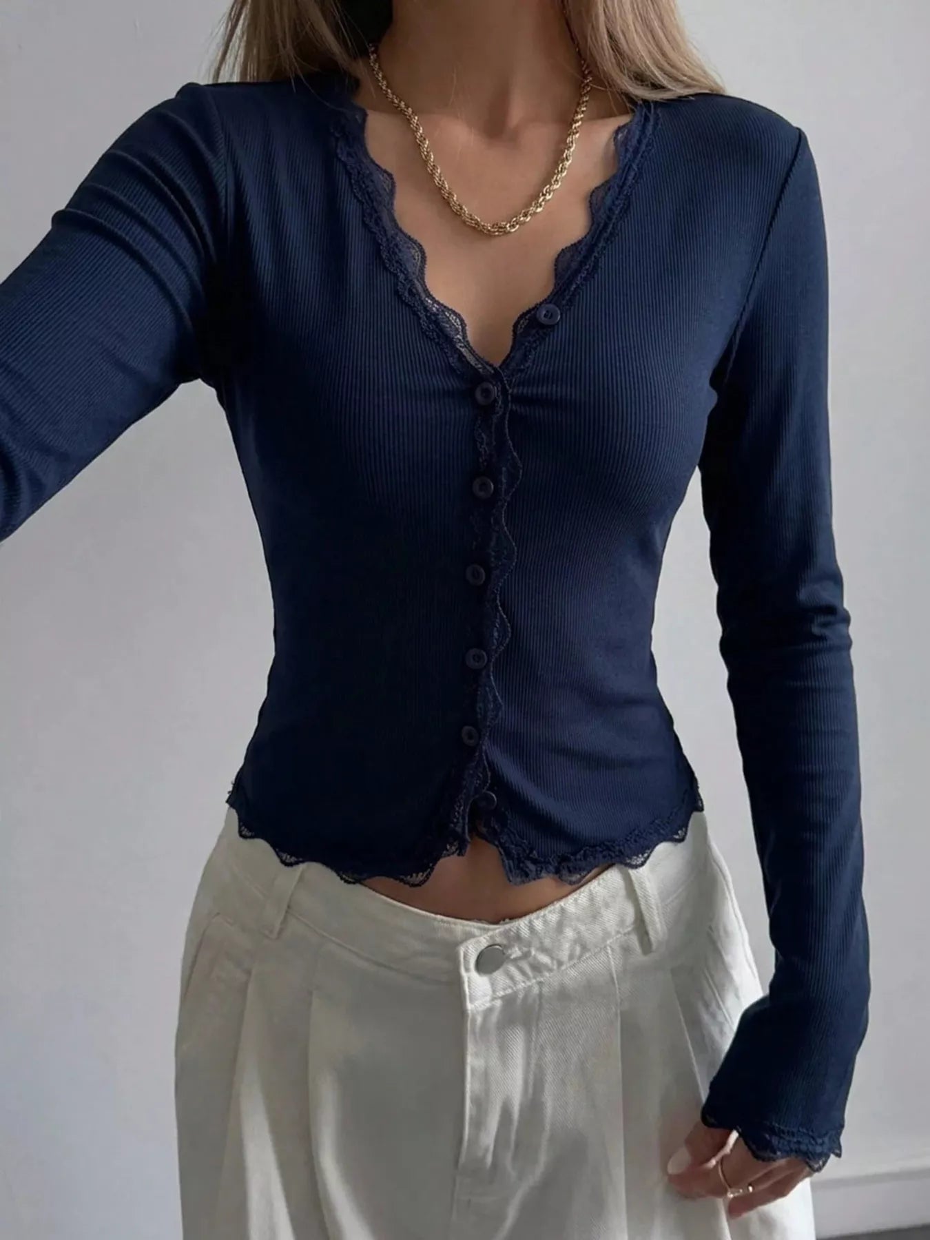 Lace Trim V-Neck Ribbed Long Sleeve Blouse