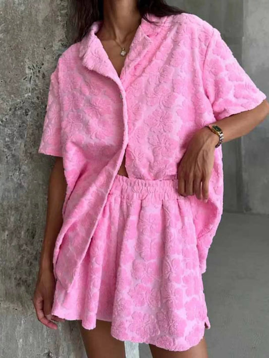 Floral Textured Button Up Shirt and Shorts Set