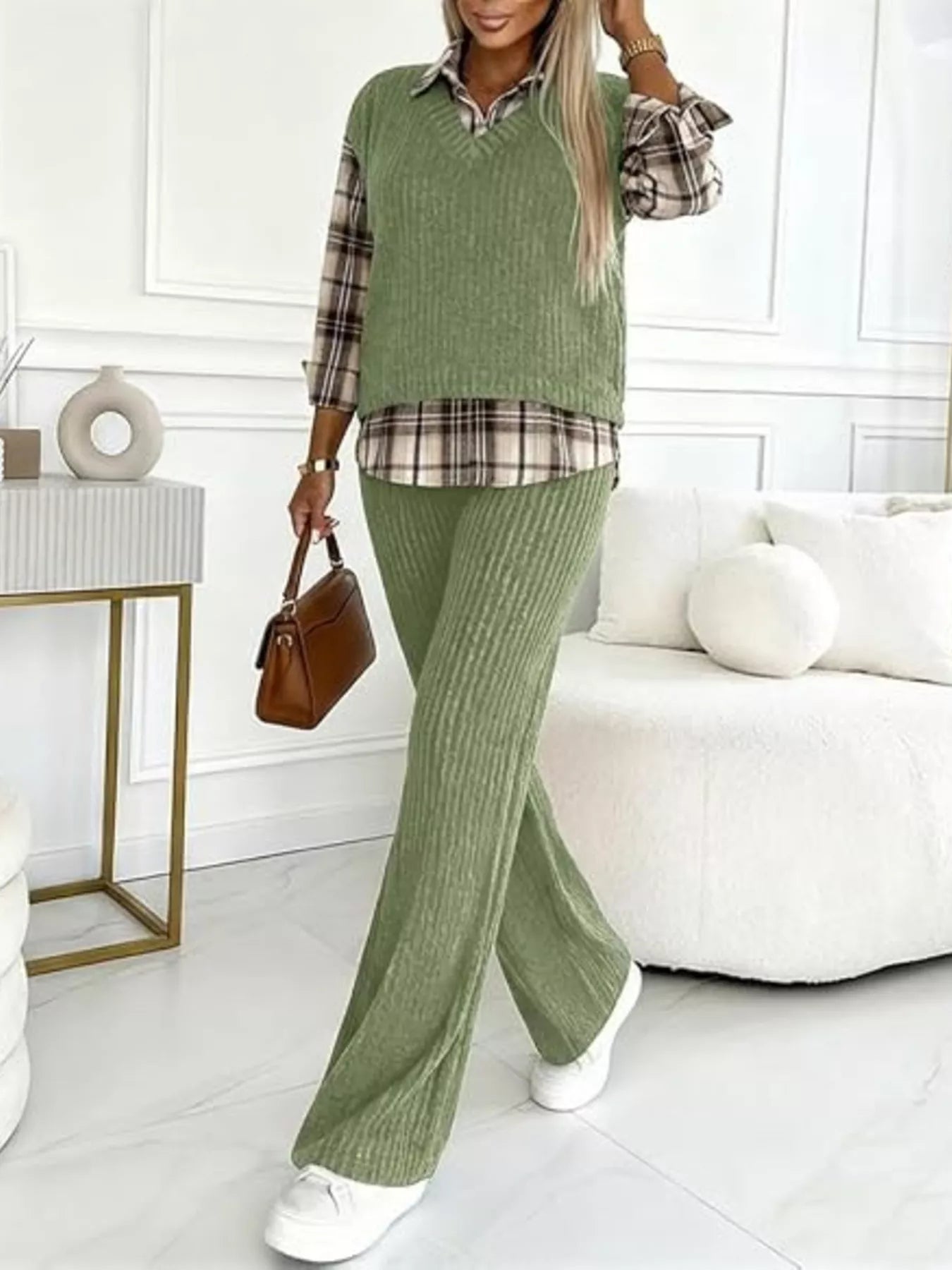 Ribbed Knit Plaid Sleeve Top & Pants Set