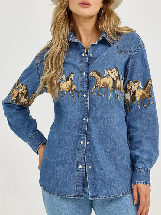 Horse Print Long Sleeve Denim Shirt