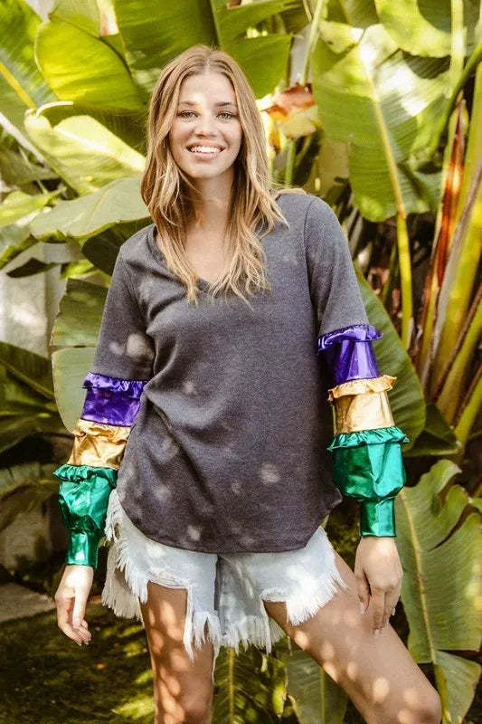 BiBi Ity Foil Ruffled Color Block Top