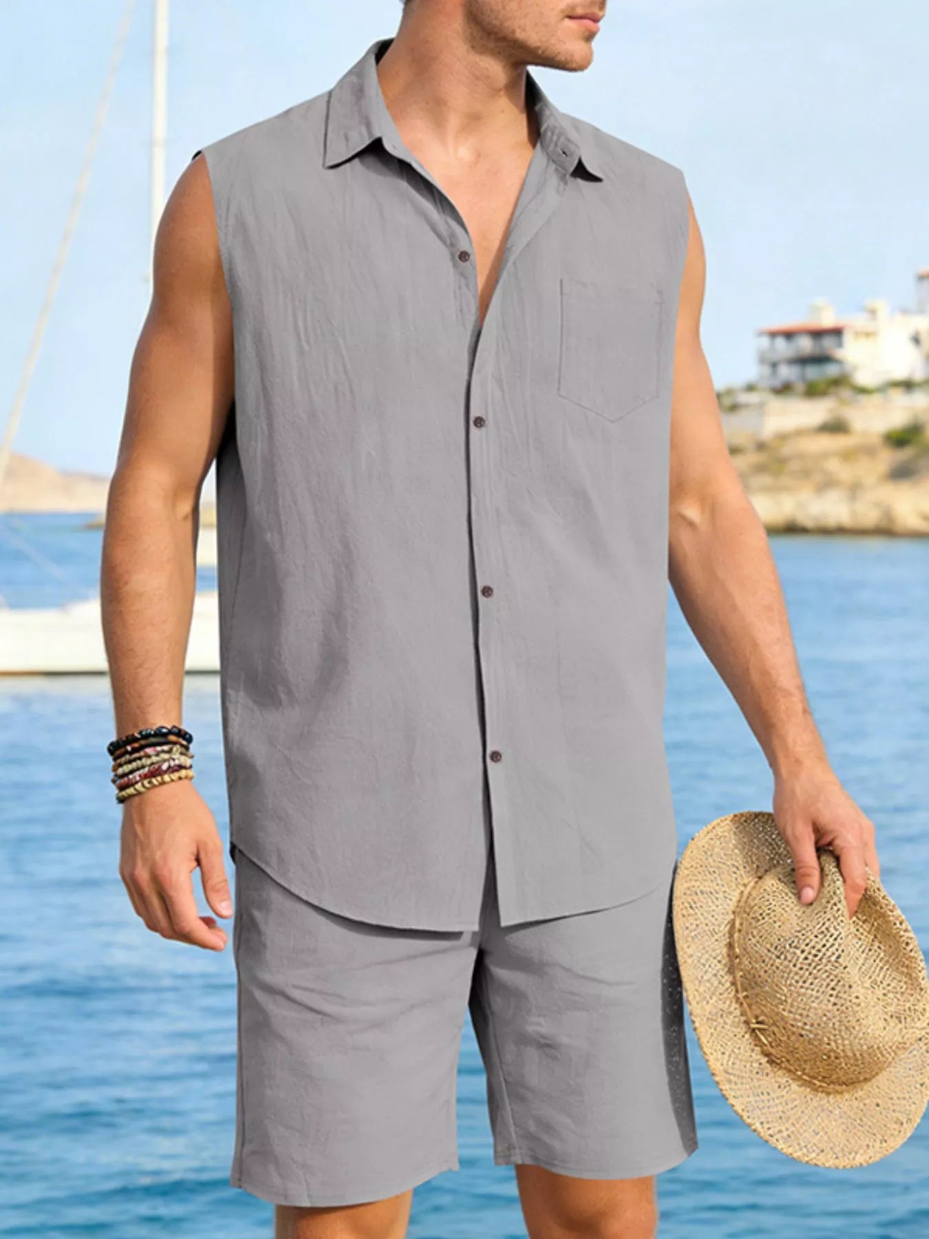 Men's Full Size Button Up Sleeveless Top and Shorts Plus Size
