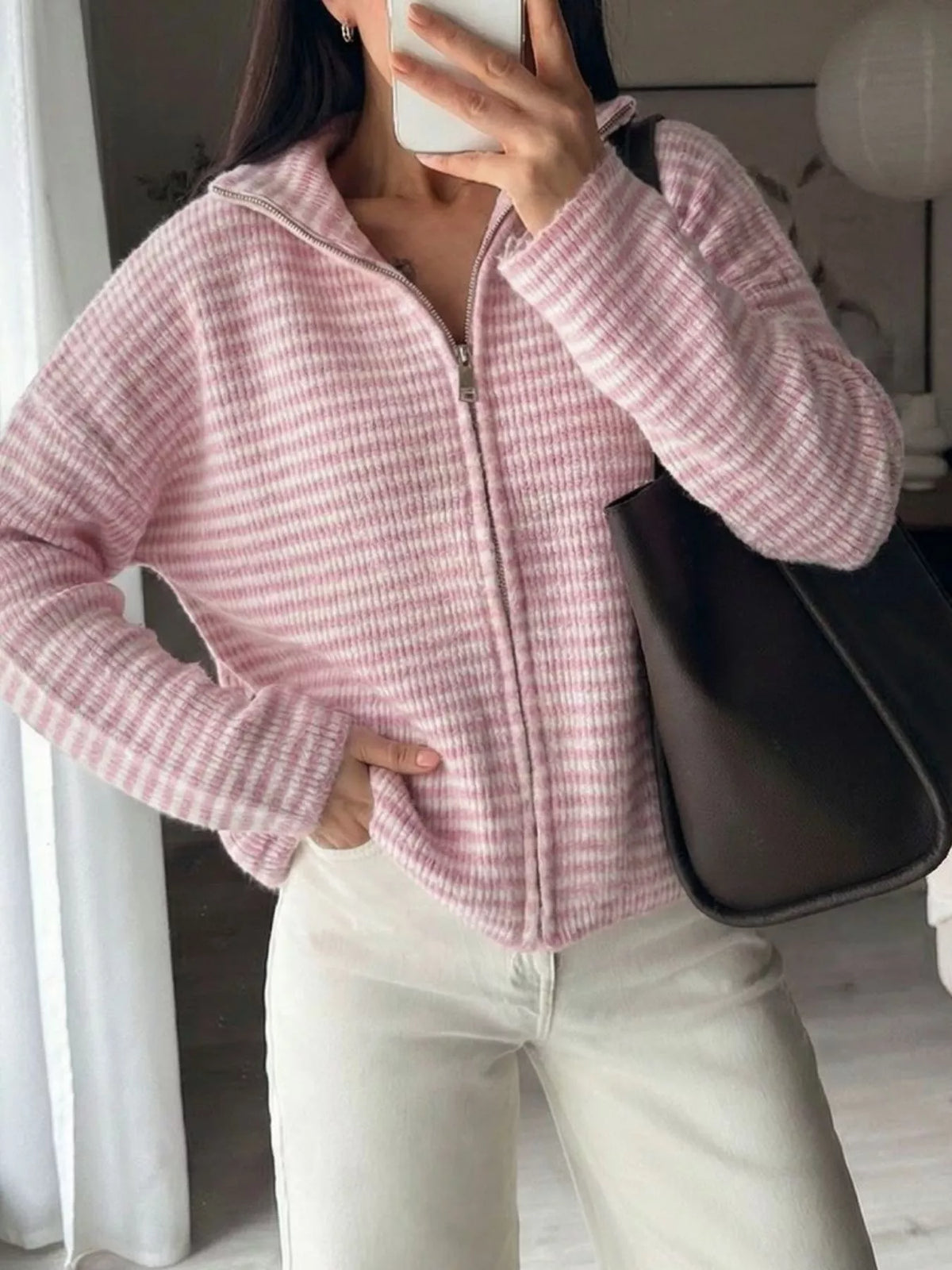 Striped Zip-Up Knit Cardigan