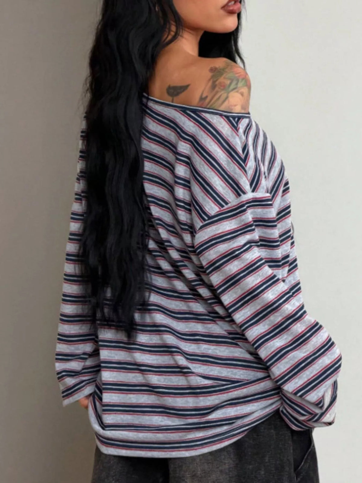 Off-Shoulder Striped Long Sleeve T-Shirt