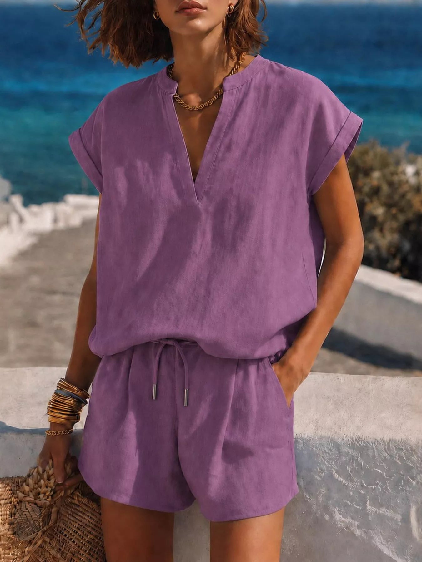 Notched Short Sleeve Top and Shorts Set