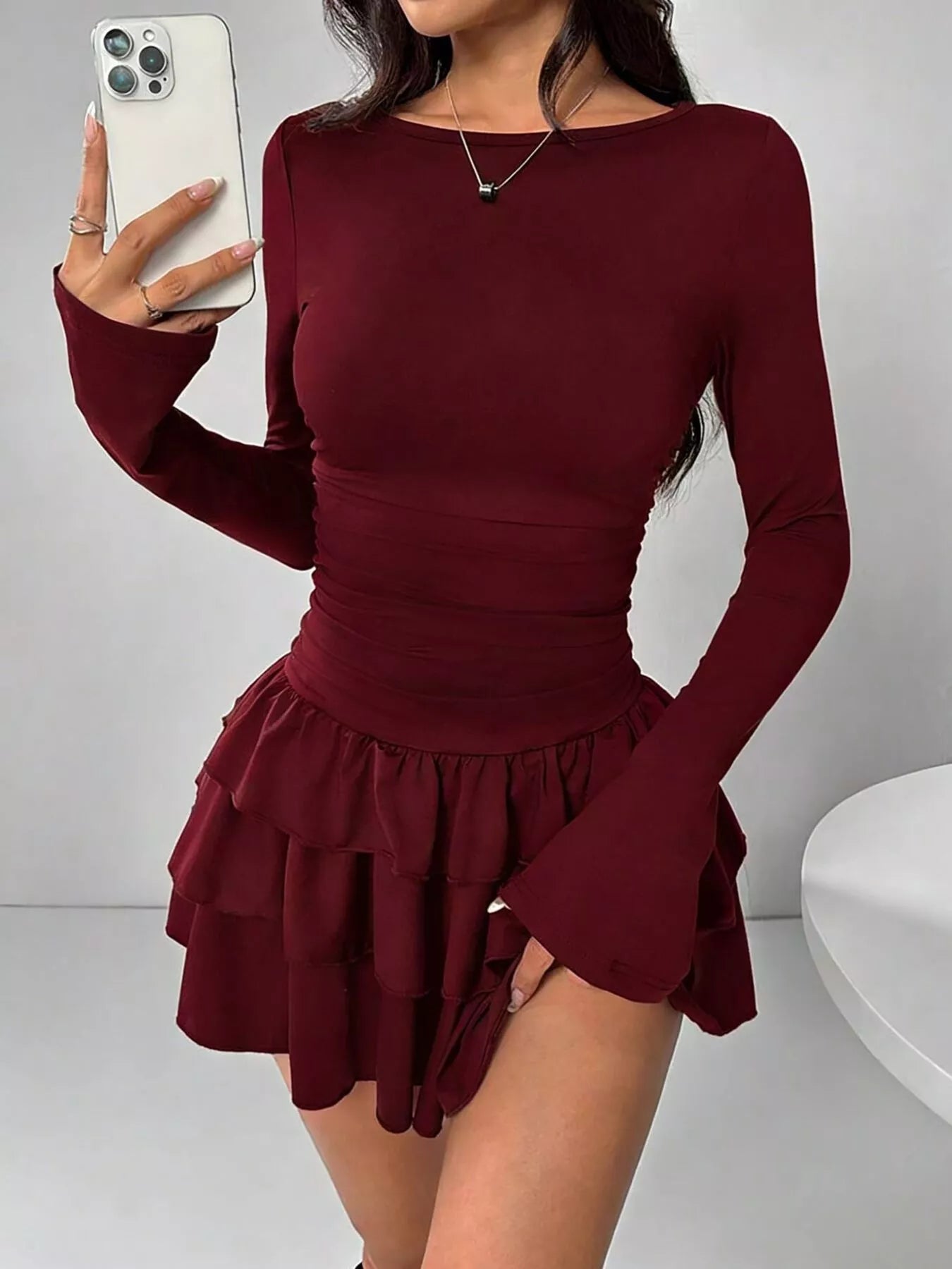 Ruched Long Sleeve Layered Ruffle Mini Dress