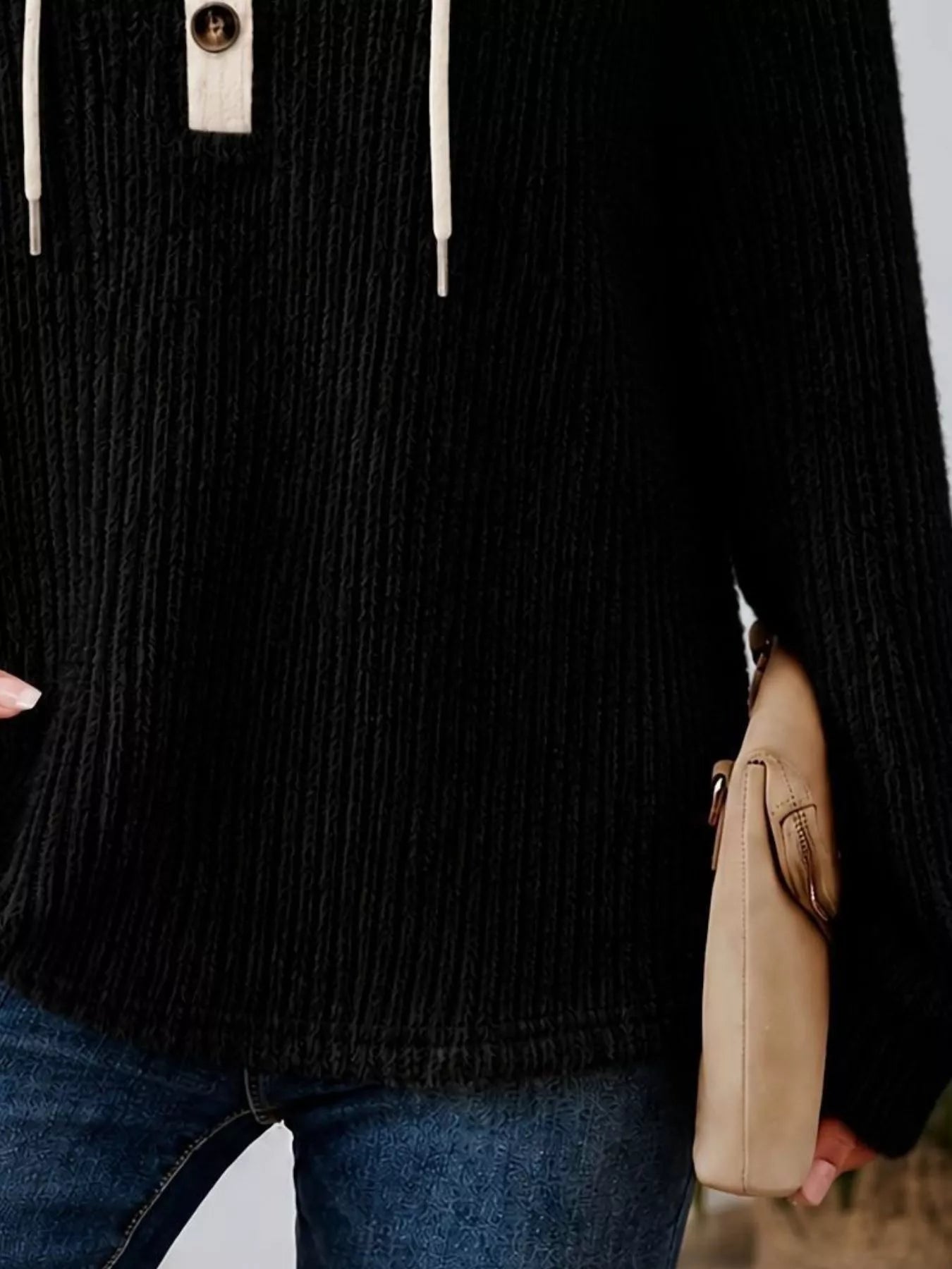 Full Size Drawstring Button Detail Hooded Sweater Plus Size