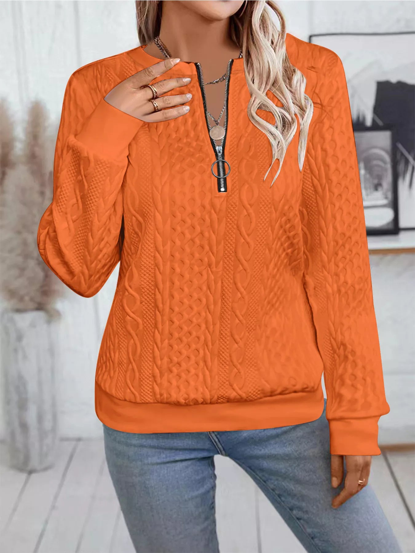 Chic Cable Texture Quarter-Zip Sweatshirt