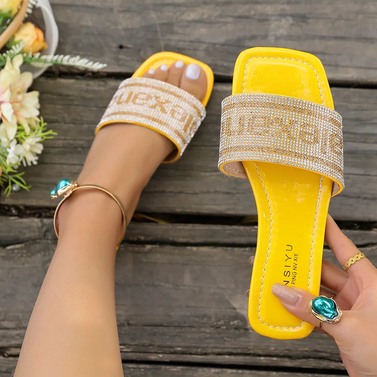 Rhinestone Open Toe Flats Sandals