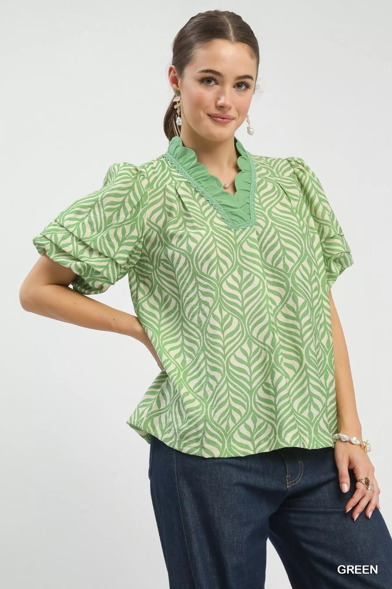 Umgee Printed Puff Sleeve Ruffle Neck Top