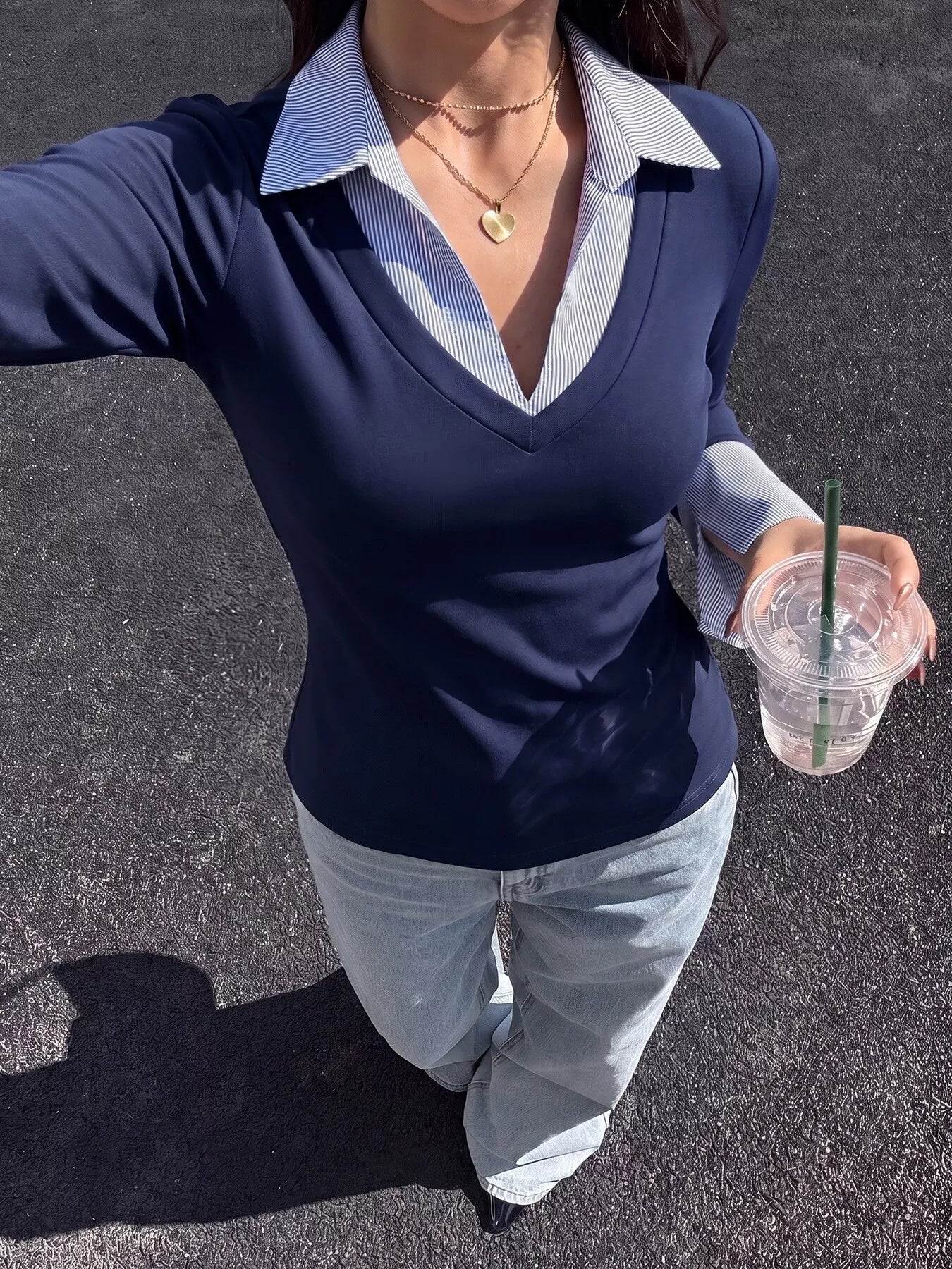 Contrast Collar Long Sleeve Top