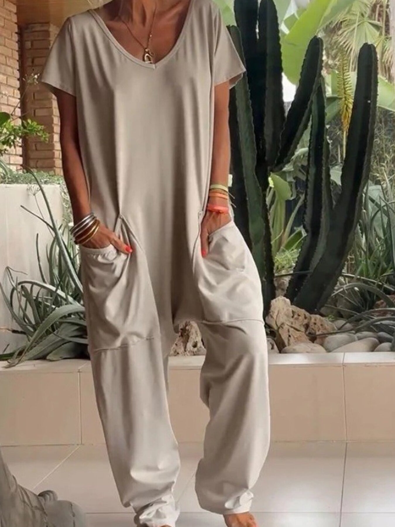 Full Size Loose Fit V-Neck Short Sleeve Wide Leg Jumpsuit Plus Size