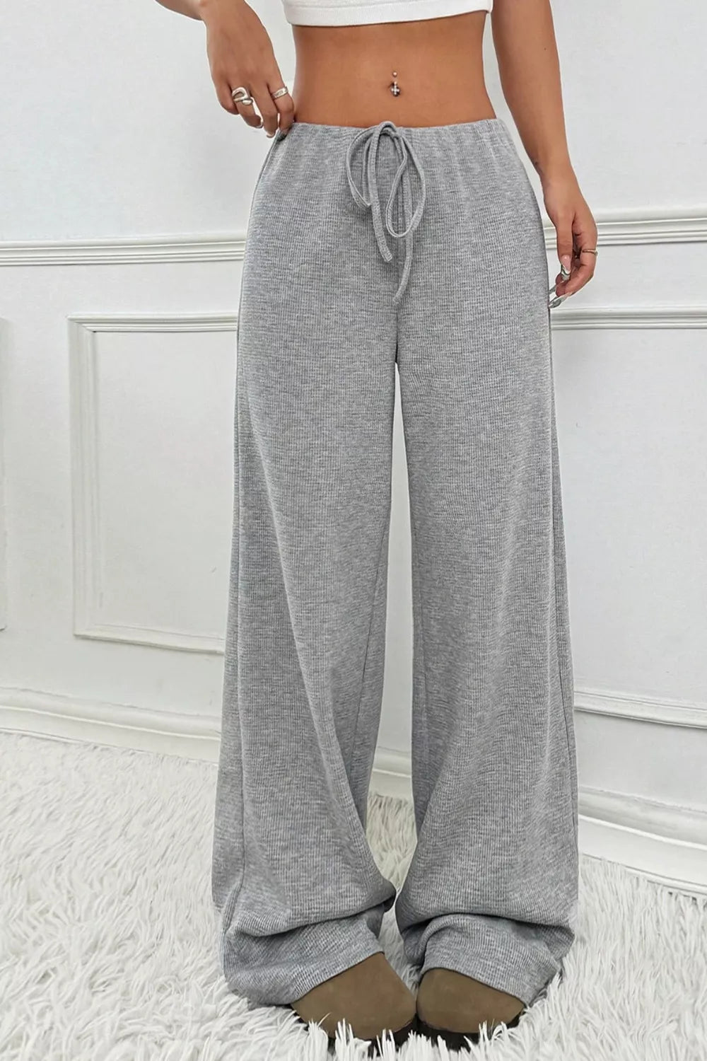 Ribbed Knit Drawstring Wide Leg Pants