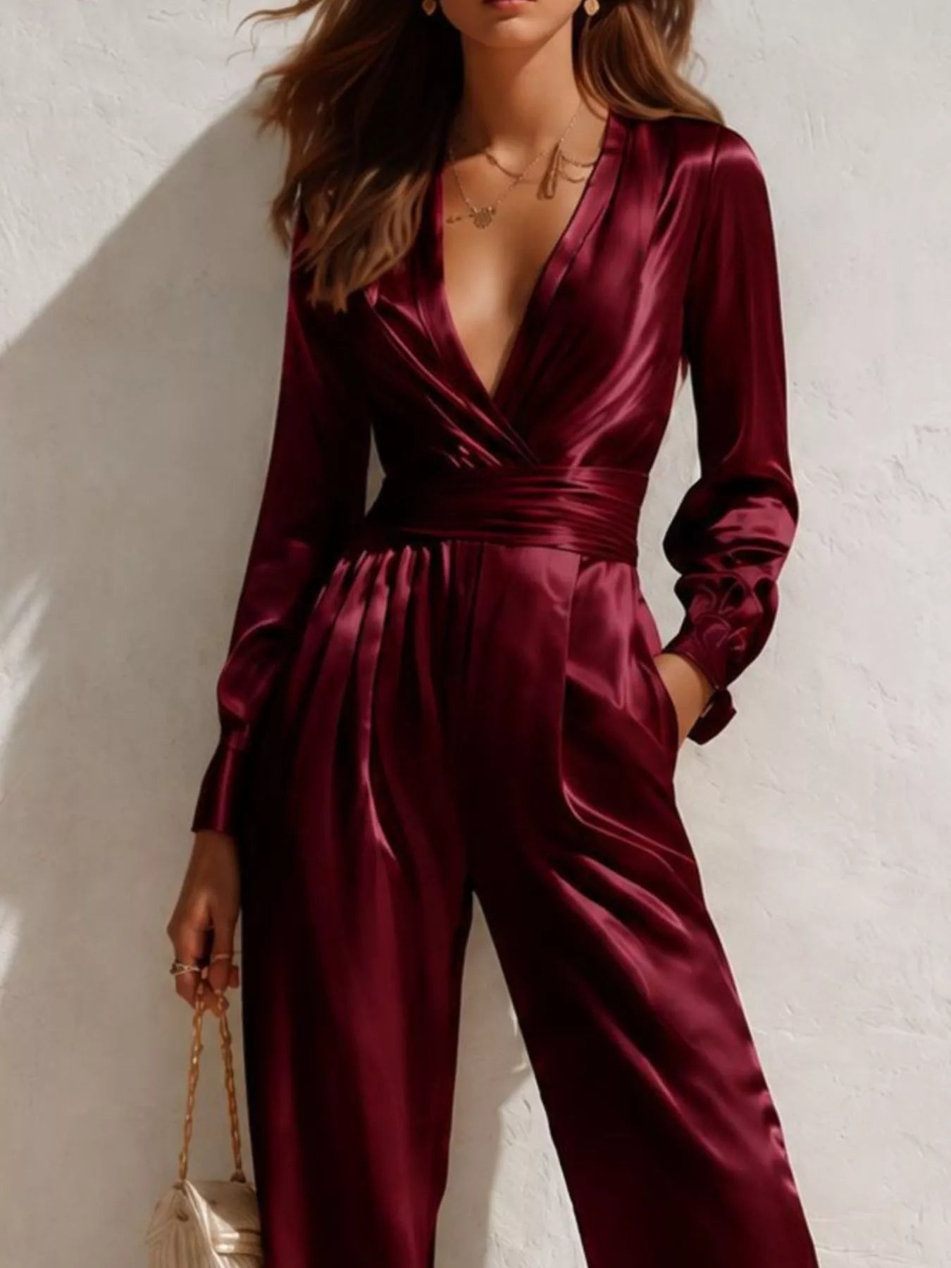 Satin Long Sleeve Wide Leg Jumpsuit
