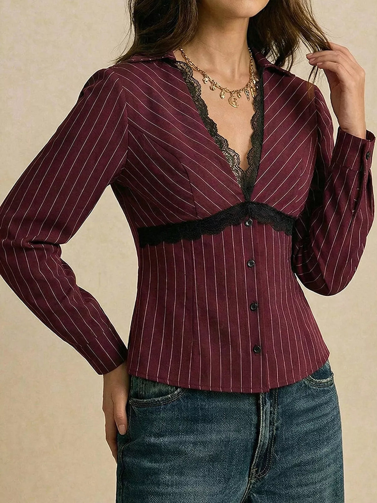 Lace Trim V-Neck Blouse