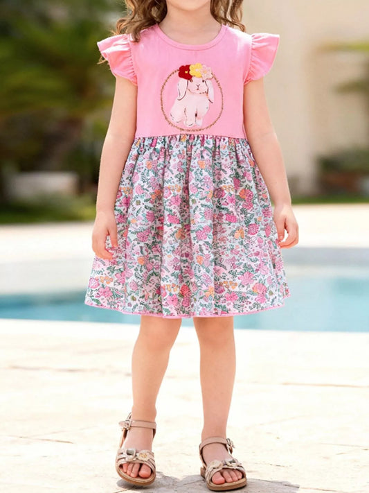 Children's Floral Print Bunny Ruffle Sleeve Dress