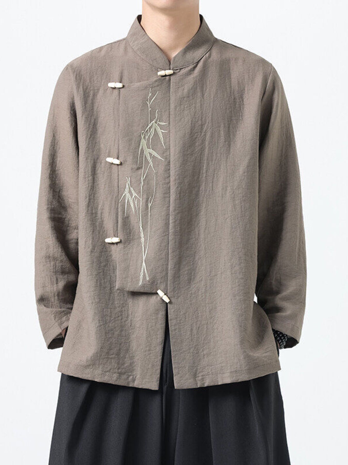 Men's Plus Size Chinese Style Embroidered Bamboo Linen Shirt